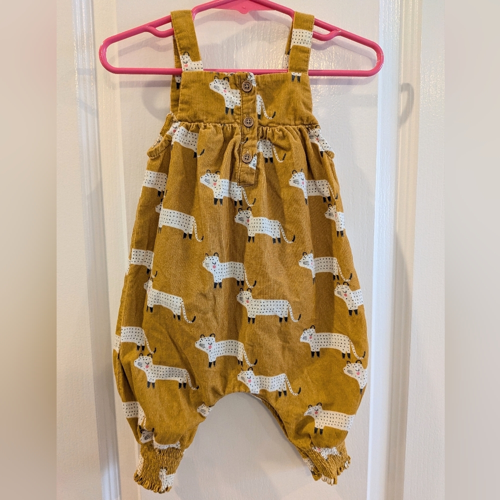Next Baby Leopard Cat Corduroy Jumper Romper Mustard Yellow 100% Cotton Size 6M